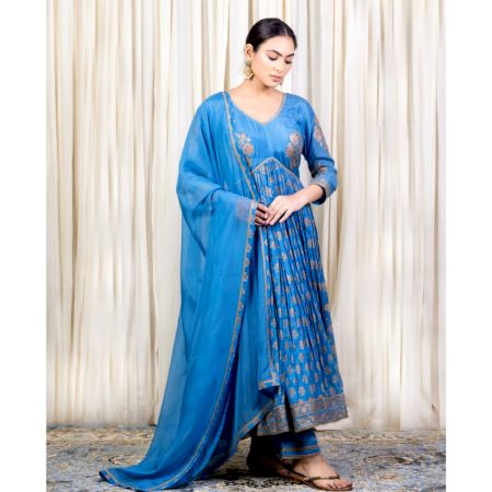 Blue Gathered Anarkali Set with Hand Embroidery